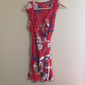 Red floral wrap dress